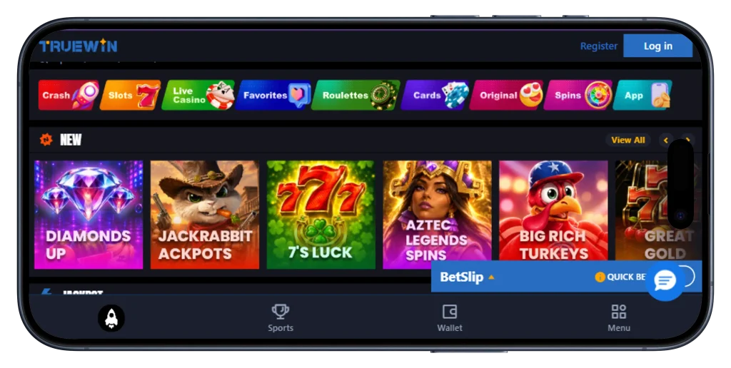 TrueWin mobile casino interface